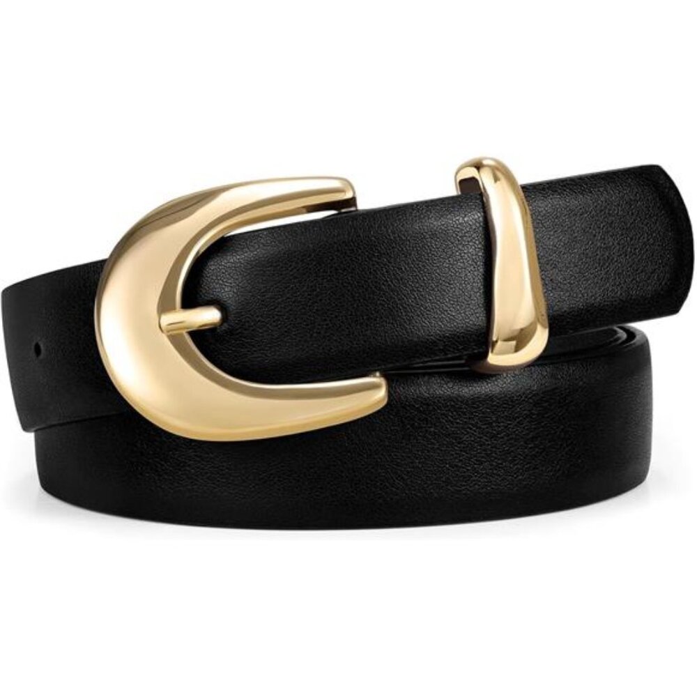 Black Belt with Shiny Gold or Silver Circular Buckle, Fashion Waist Accessory